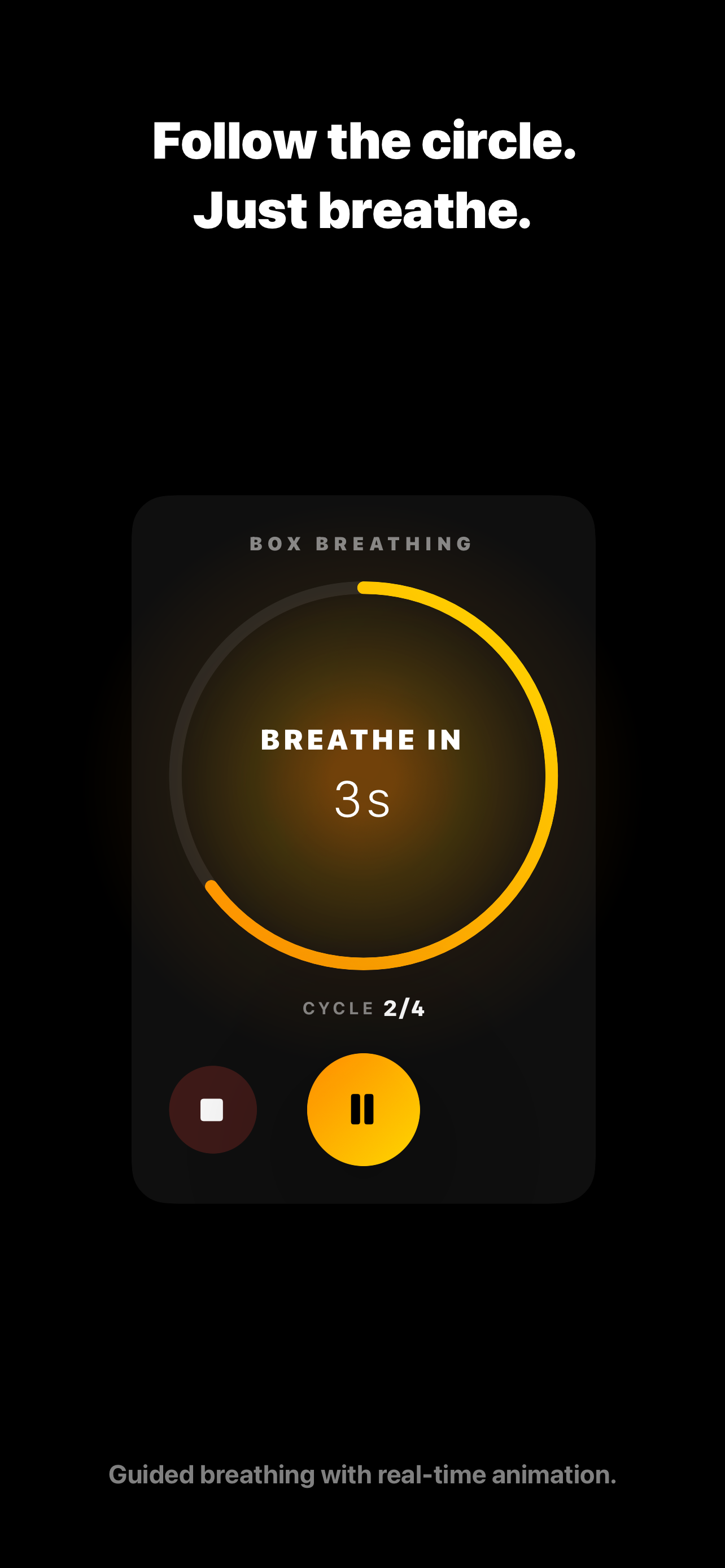 1Breath app showing guided box breathing with a real-time ring
