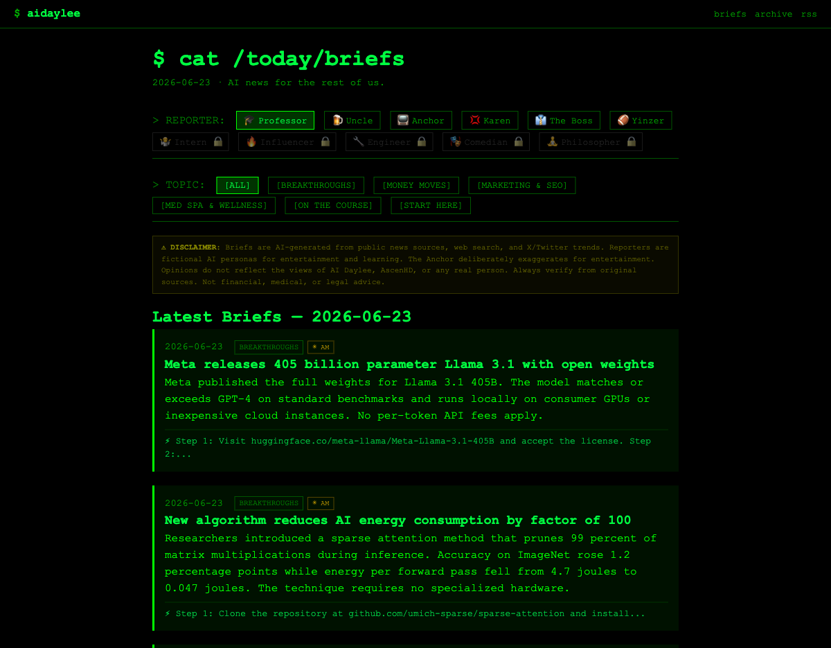 AI Daylee homepage: a terminal-style daily AI brief with a row of reporter personas to choose from