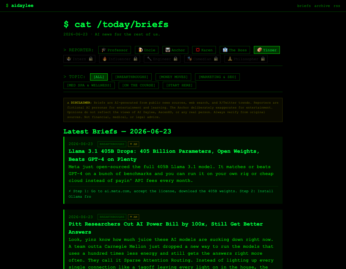 AI Daylee with the Yinzer reporter selected, rewriting AI research news in Pittsburgh dialect