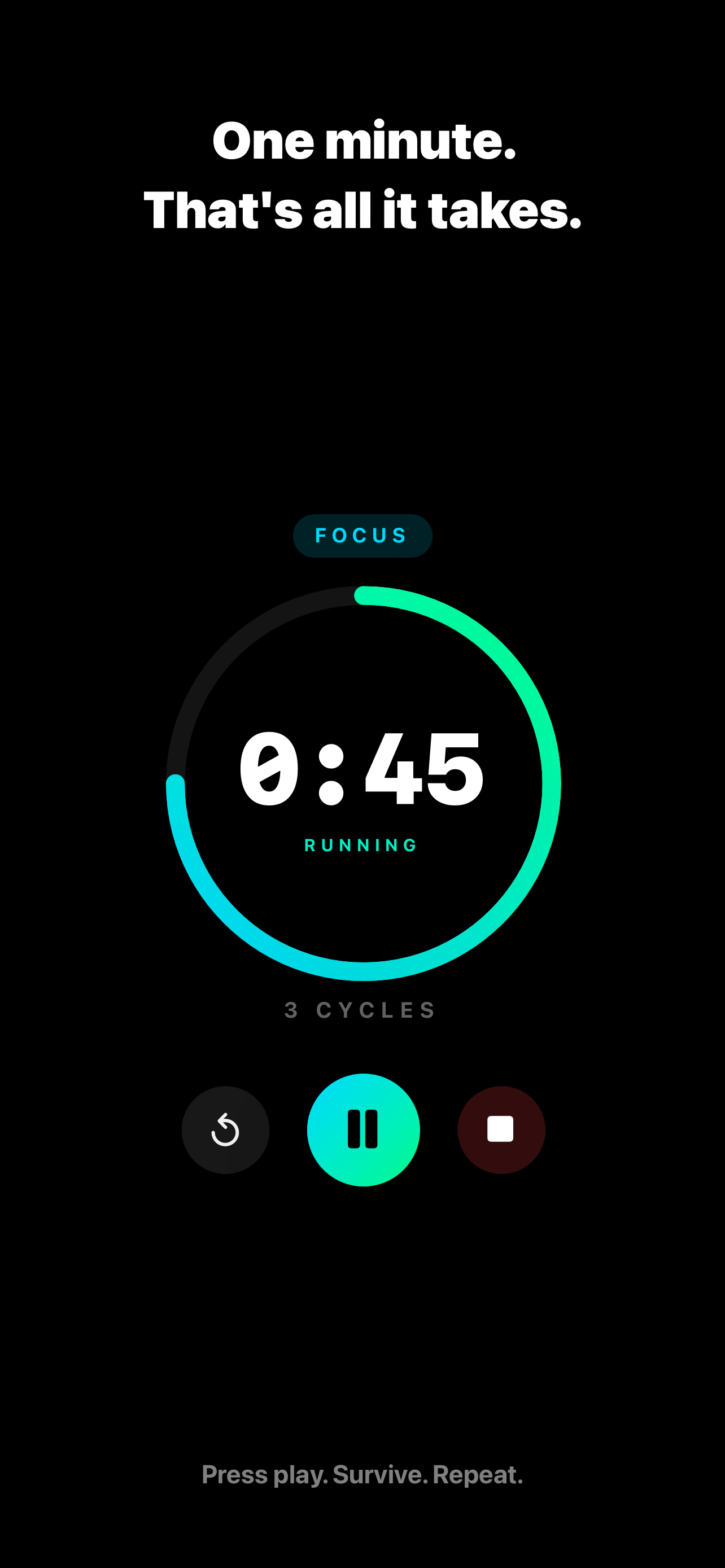 Get1Min app showing a one-minute training interval timer