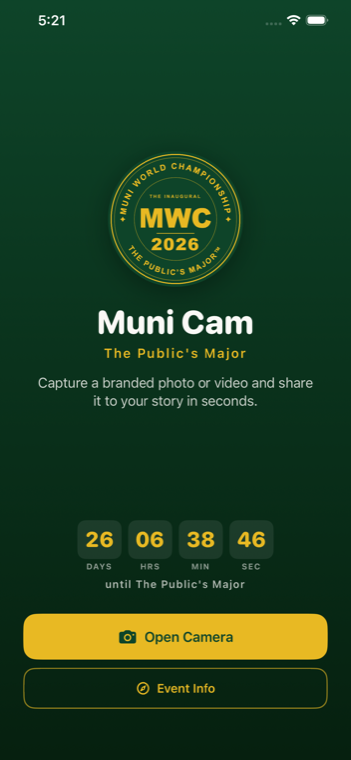 Muni Cam home screen with the MWC crest and a live countdown to The Public's Major